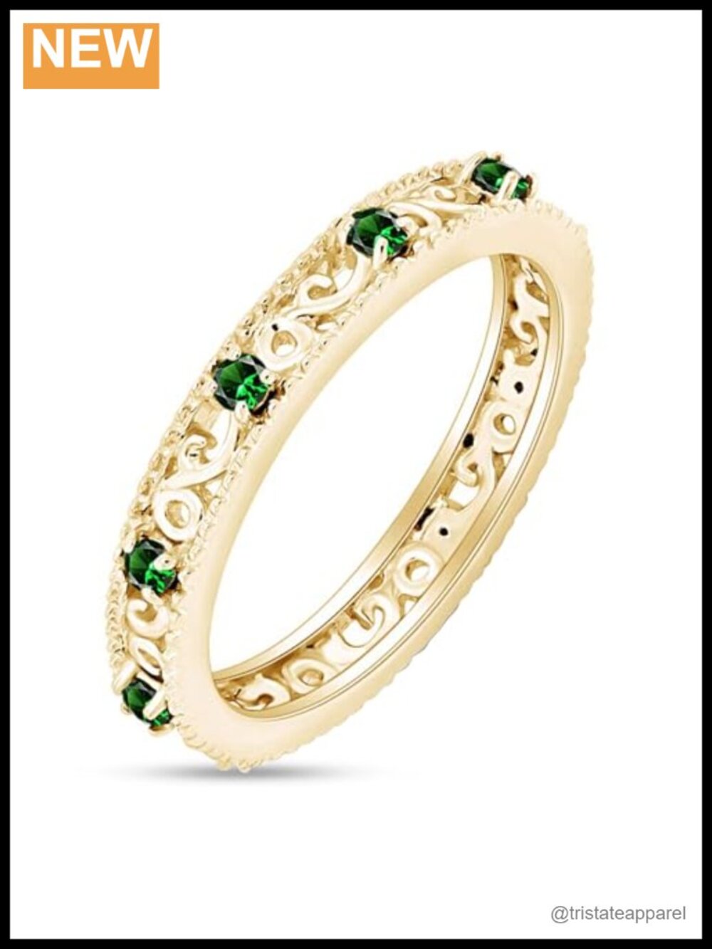 Sterling Silver 14k Yellow Gold Overlay Simulated Emerald Eternity Band